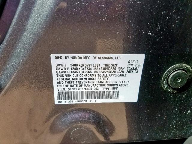 5FNYF7H57KB001063 - 2019 HONDA PASSPORT E 灰色 照片 10