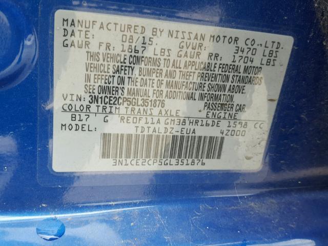 3N1CE2CP5GL351876 - 2016 NISSAN VERSA NOTE BLUE photo 10