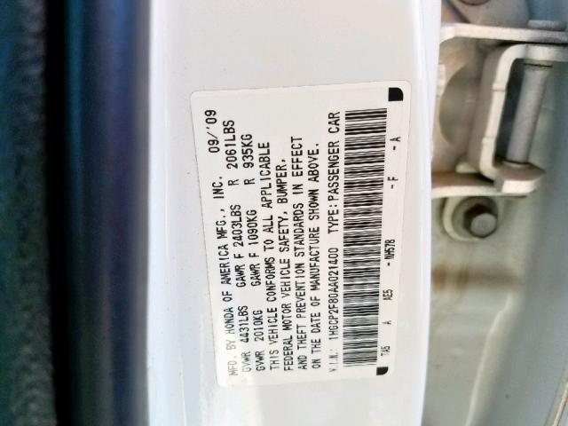 1HGCP2F80AA021400 - 2010 HONDA ACCORD EXL WHITE photo 10