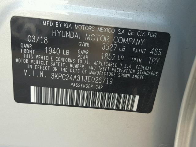 3KPC24A31JE026719 - 2018 HYUNDAI ACCENT SEL SILVER photo 10