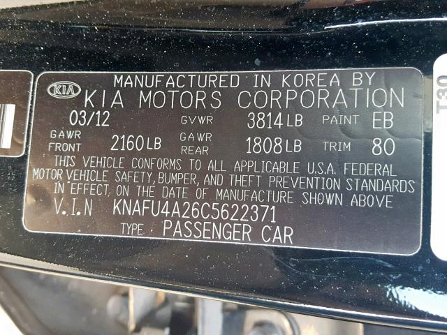 KNAFU4A26C5622371 - 2012 KIA FORTE EX BLACK photo 10