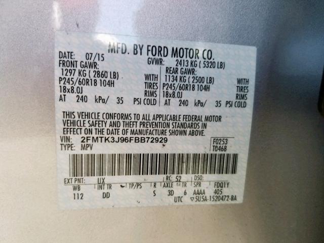 2FMTK3J96FBB72929 - 2015 FORD EDGE SEL SILVER photo 10