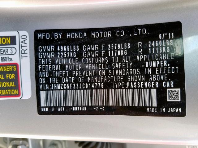 JHMZC5F33JC014776 - 2018 HONDA CLARITY TO SILVER photo 10