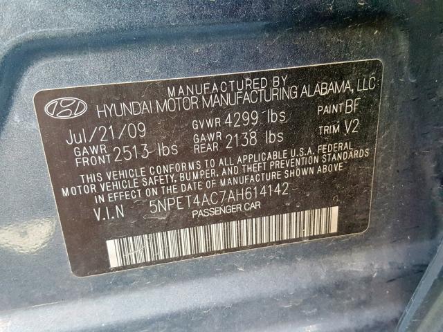 5NPET4AC7AH614142 - 2010 HYUNDAI SONATA GLS GRAY photo 10