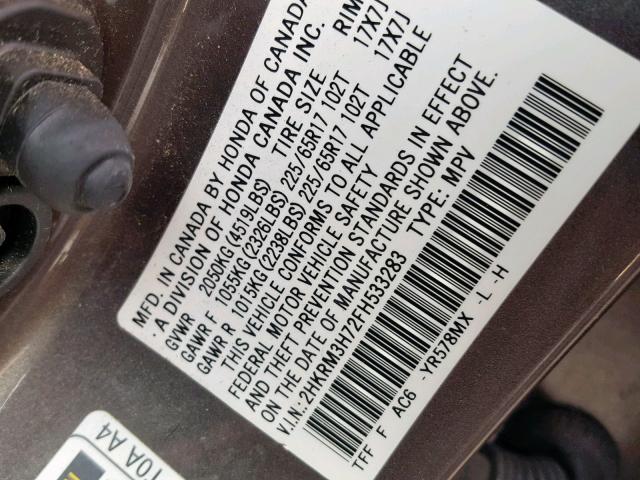 2HKRM3H72FH533283 - 2015 HONDA CR-V EXL BROWN photo 10