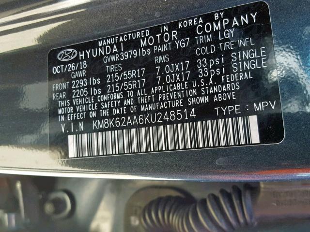 KM8K62AA6KU248514 - 2019 HYUNDAI KONA SEL GRAY photo 10