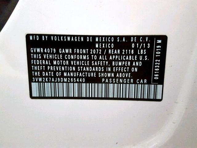 3VW2K7AJ9DM265440 - 2013 VOLKSWAGEN JETTA BASE WHITE photo 10