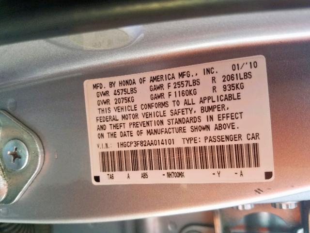 1HGCP3F82AA014101 - 2010 HONDA ACCORD EXL SILVER photo 10