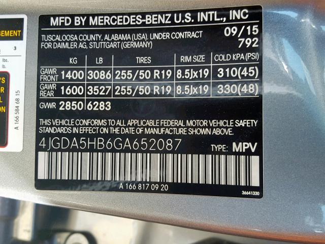 4JGDA5HB6GA652087 - 2016 MERCEDES-BENZ GLE 350 4M GRAY photo 10