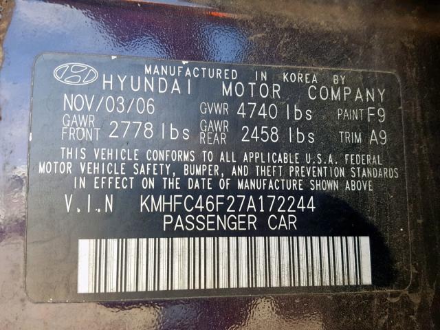 KMHFC46F27A172244 - 2007 HYUNDAI AZERA SE PURPLE photo 10