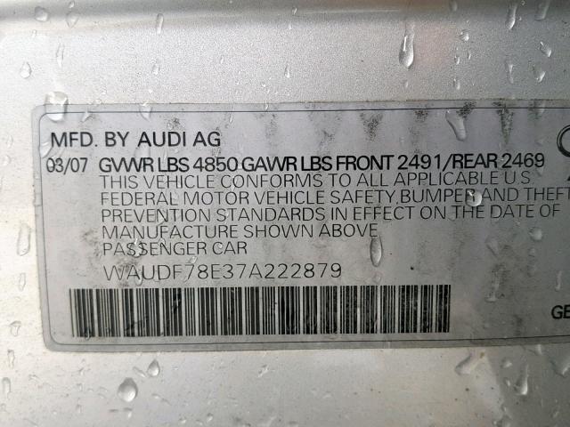 WAUDF78E37A222879 - 2007 AUDI A4 2.0T QU SILVER photo 10