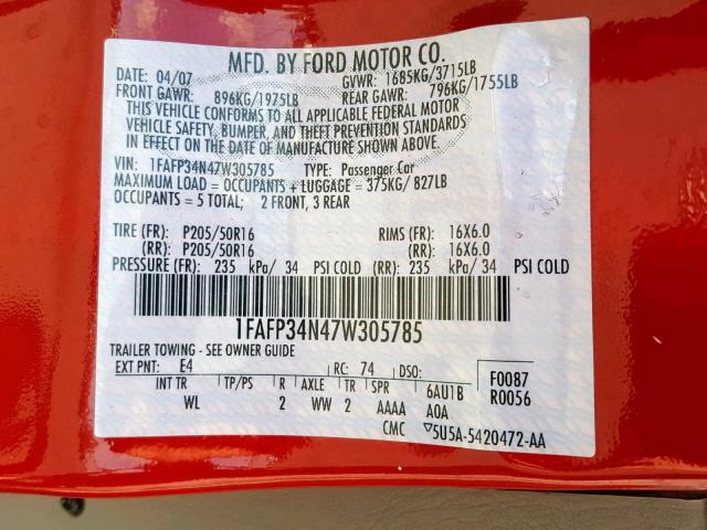 1FAFP34N47W305785 - 2007 FORD FOCUS ZX4 RED photo 10