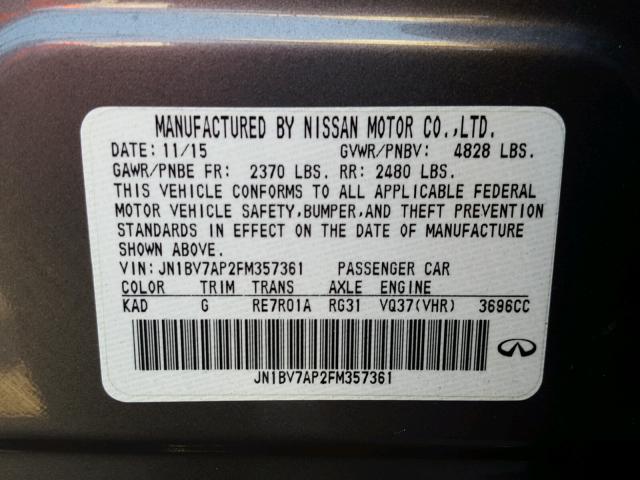 JN1BV7AP2FM357361 - 2015 INFINITI Q50 BASE SILVER photo 10