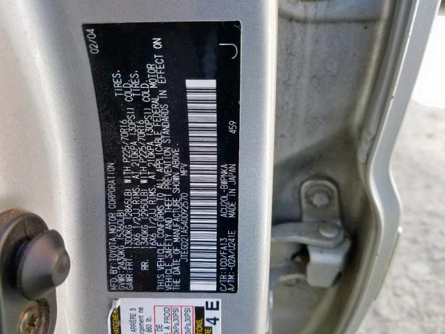 JTEGD21A540092570 - 2004 TOYOTA HIGHLANDER SILVER photo 10