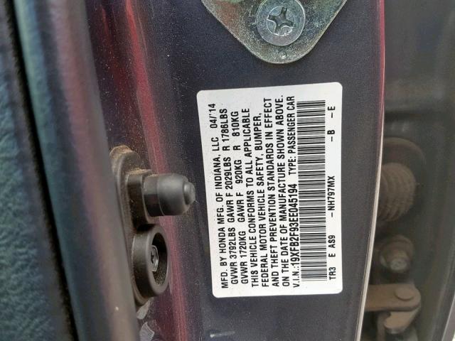 19XFB2F93EE045194 - 2014 HONDA CIVIC EXL 灰色 照片 10