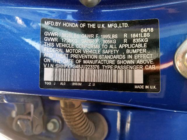 SHHFK7G48JU223376 - 2018 HONDA CIVIC SPOR BLUE photo 10