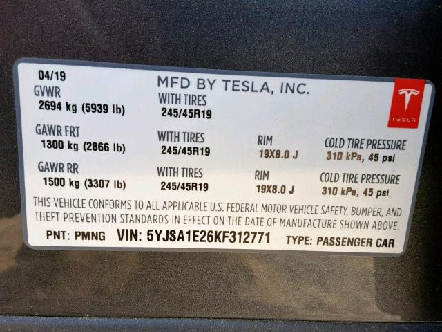 5YJSA1E26KF312771 - 2019 TESLA MODEL S GRAY photo 10