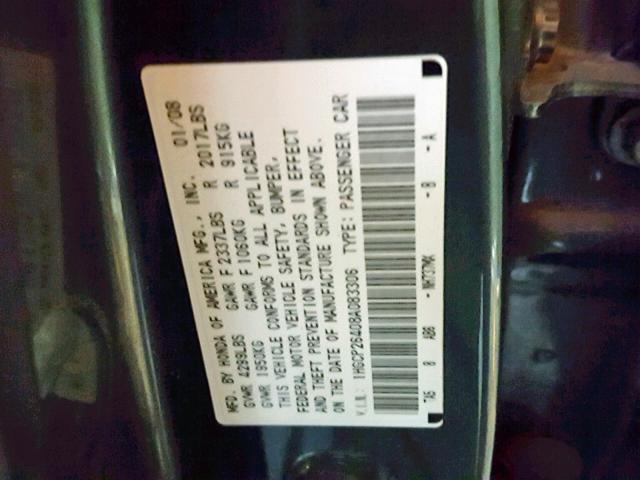 1HGCP26408A083306 - 2008 HONDA ACCORD LXP GRAY photo 10