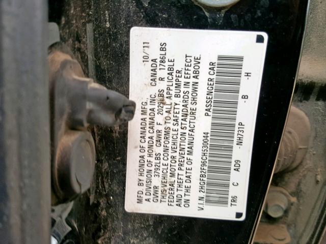 2HGFB2F96CH530044 - 2012 HONDA CIVIC EXL 黑色 照片 10