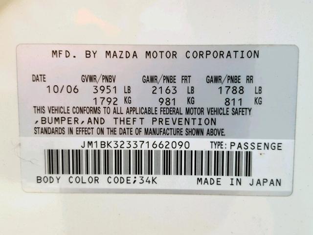 JM1BK323371662090 - 2007 MAZDA 3 S WHITE photo 10