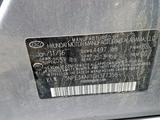 5NPE34AF1GH377358 - 2016 HYUNDAI SONATA SPO GRAY photo 10