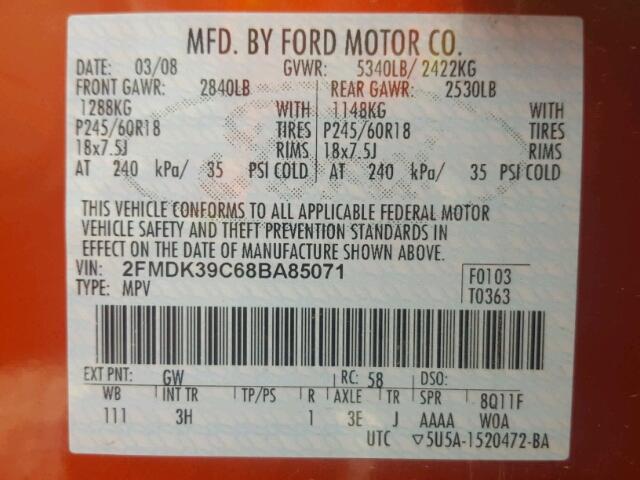 2FMDK39C68BA85071 - 2008 FORD EDGE LIMIT ORANGE photo 10