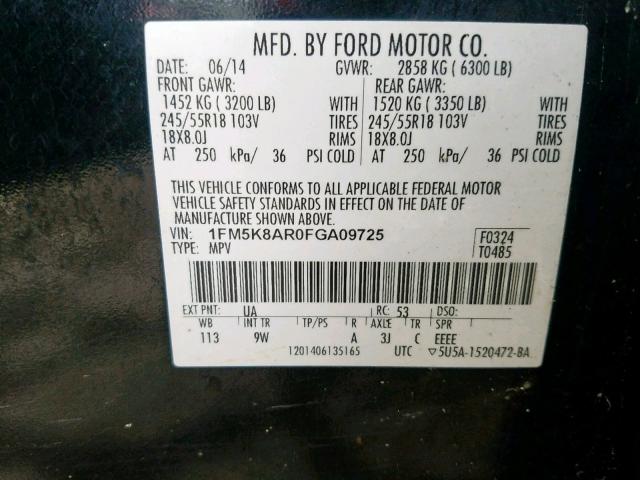 1FM5K8AR0FGA09725 - 2015 FORD EXPLORER P BLACK photo 10