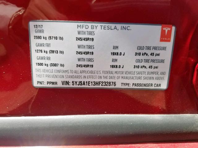 5YJSA1E13HF232876 - 2017 TESLA MODEL S RED photo 10