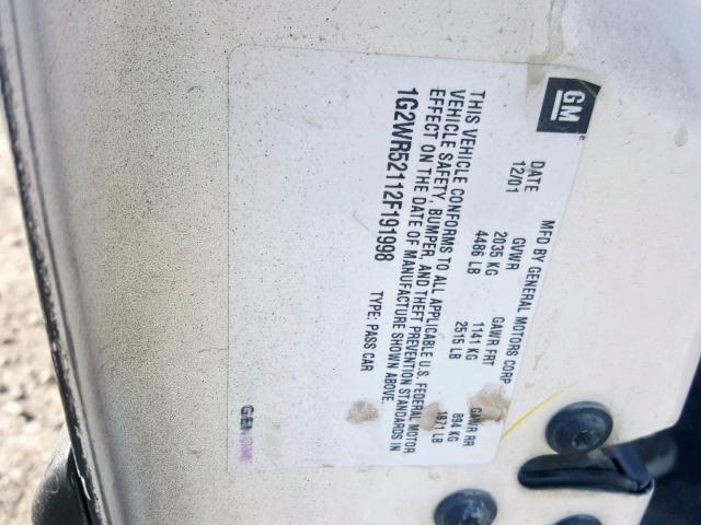 1G2WR52112F191998 - 2002 PONTIAC GRAND PRIX BLACK photo 10