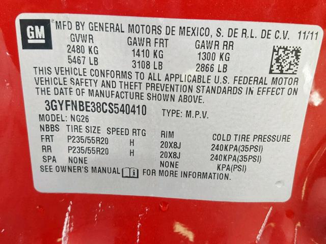 3GYFNBE38CS540410 - 2012 CADILLAC SRX PERFOR 红色 照片 10