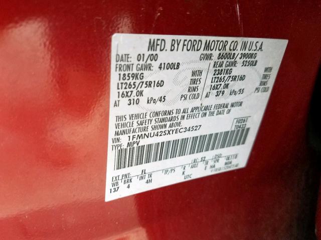 1FMNU42SXYEC34527 - 2000 FORD EXCURSION RED photo 10