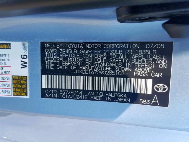 JTKDE167290285108 - 2009 TOYOTA SCION TC ლურჯი ფოტო 10
