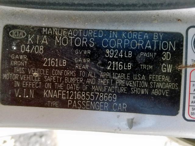 KNAFE121685578669 - 2008 KIA SPECTRA EX SILVER photo 10