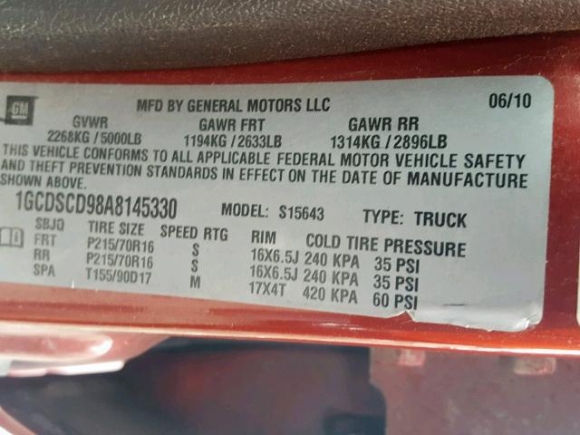 1GCDSCD98A8145330 - 2010 CHEVROLET COLORADO L BURGUNDY photo 10