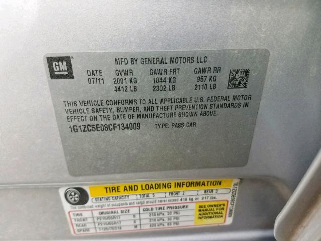 1G1ZC5E08CF134009 - 2012 CHEVROLET MALIBU 1LT SILVER photo 10