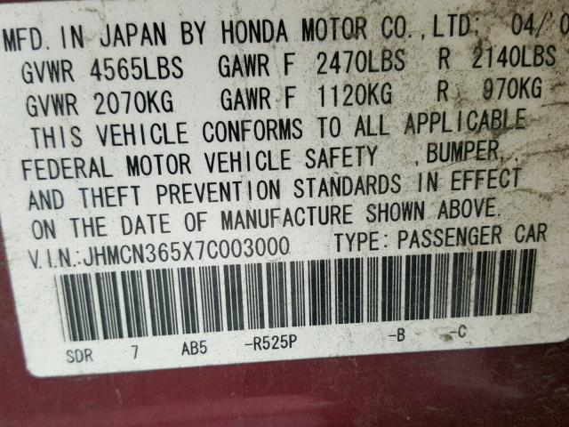 JHMCN365X7C003000 - 2007 HONDA ACCORD HYB BURGUNDY photo 10