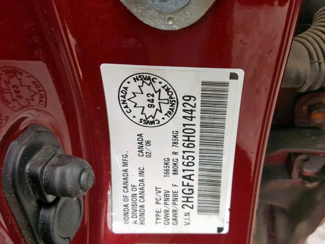 2HGFA16516H014429 - 2006 HONDA CIVIC LX RED photo 10