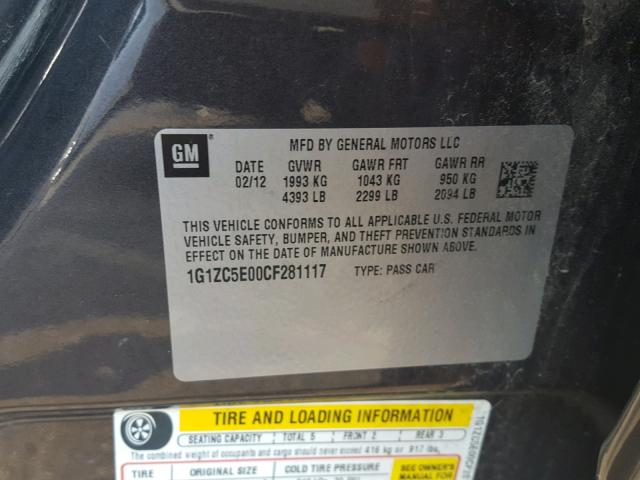 1G1ZC5E00CF281117 - 2012 CHEVROLET MALIBU 1LT CHARCOAL photo 10