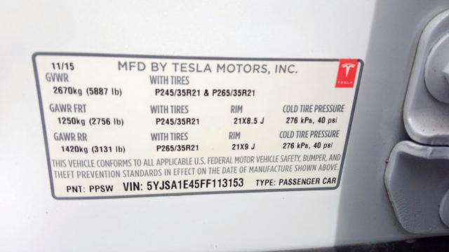 5YJSA1E45FF113153 - 2015 TESLA MODEL S WHITE photo 10