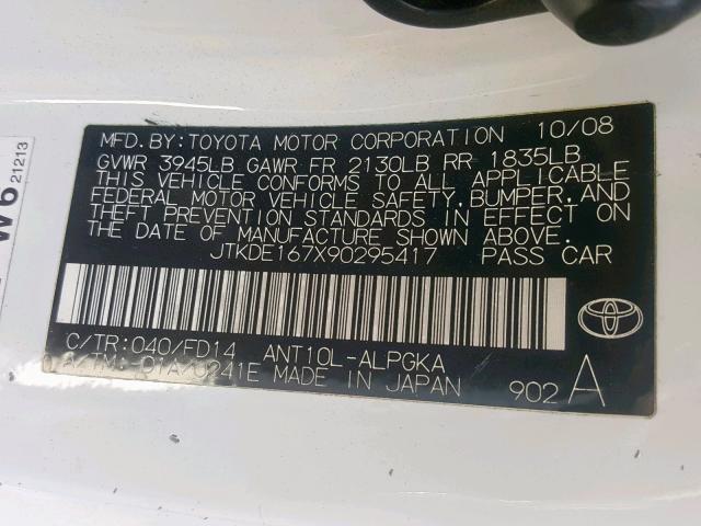 JTKDE167X90295417 - 2009 TOYOTA SCION TC თეთრი ფოტო 10