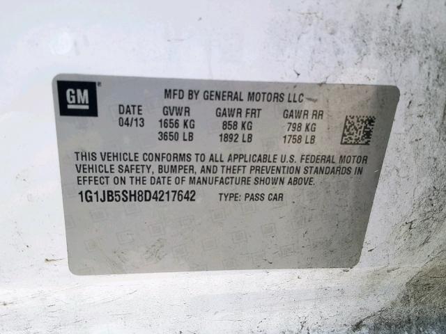 1G1JB5SH8D4217642 - 2013 CHEVROLET SONIC LS 白色 照片 10