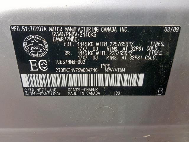 2T3BK31V79W004716 - 2009 TOYOTA RAV4 LIMIT SILVER photo 10