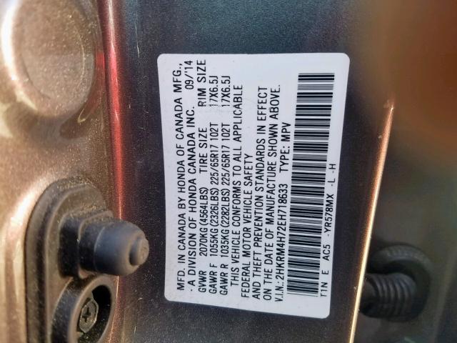 2HKRM4H72EH718633 - 2014 HONDA CR-V EXL GRAY photo 10