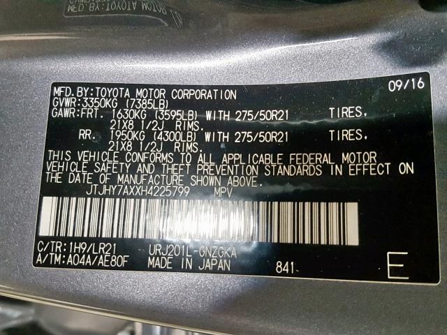 JTJHY7AXXH4225799 - 2017 LEXUS LX 570 GRAY photo 10