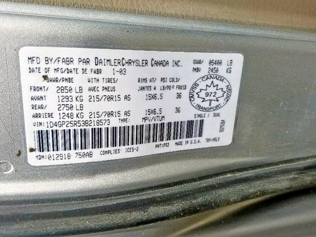 1D4GP25R53B218573 - 2003 DODGE CARAVAN SE SILVER photo 9