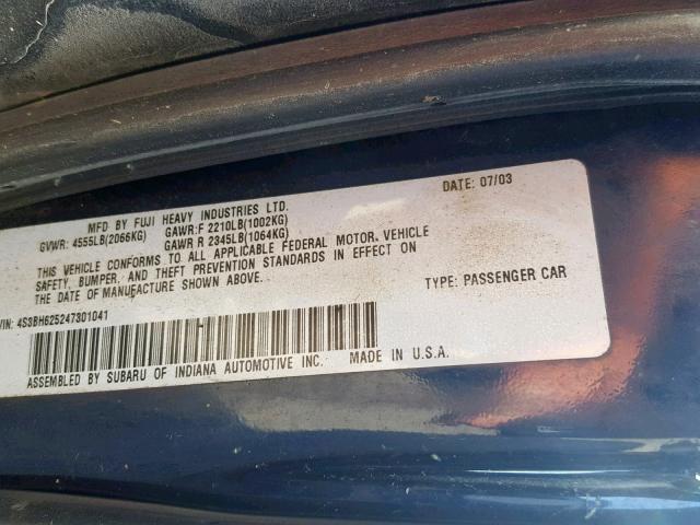 4S3BH625247301041 - 2004 SUBARU LEGACY L S BLUE photo 10