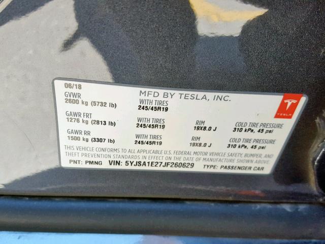 5YJSA1E27JF260629 - 2018 TESLA MODEL S GRAY photo 10