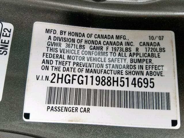 2HGFG11988H514695 - 2008 HONDA CIVIC EXL 灰色 照片 10