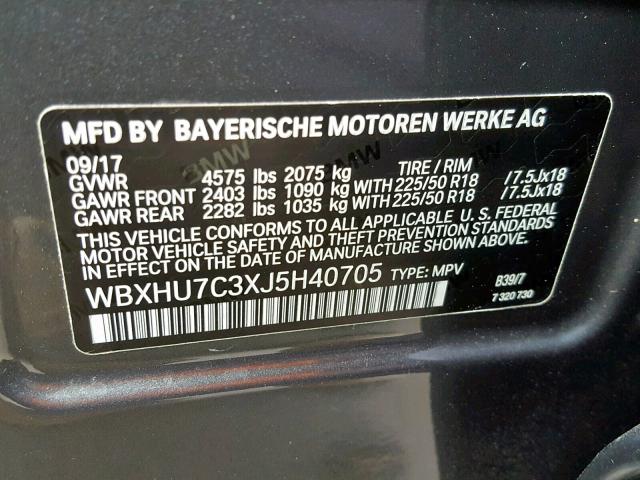 WBXHU7C3XJ5H40705 - 2018 BMW X1 SDRIVE2 GRAY photo 10
