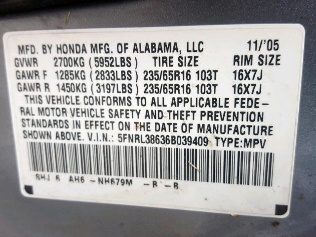 5FNRL38636B039409 - 2006 HONDA ODYSSEY EX BLUE photo 10